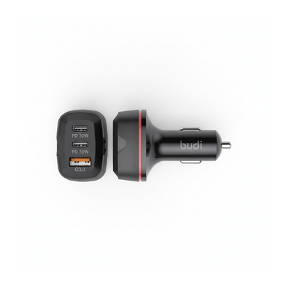 Budi 60W Car Charger 2 x USB-C PD and USB-A QC3.0 Triple Port - top view