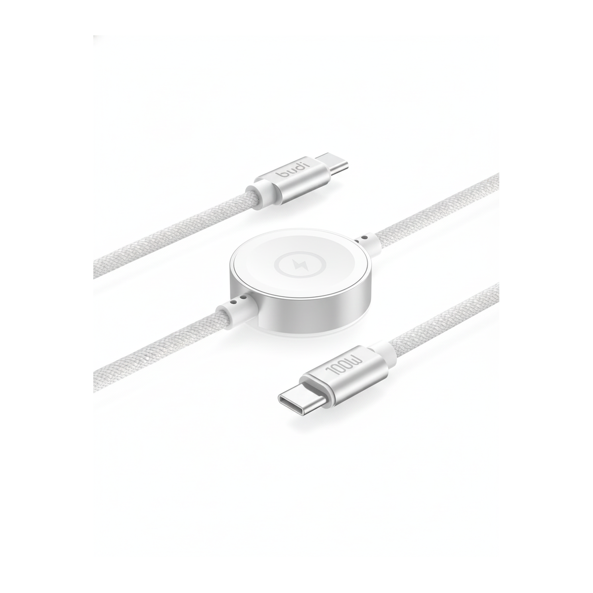 Budi 1.5M USB-C Cable 100W with Magnetic Smart Watch Charger White - angled left view