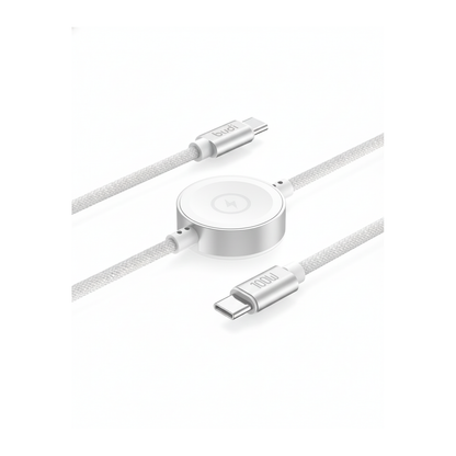 Budi 1.5M USB-C Cable 100W with Magnetic Smart Watch Charger White - angled left view