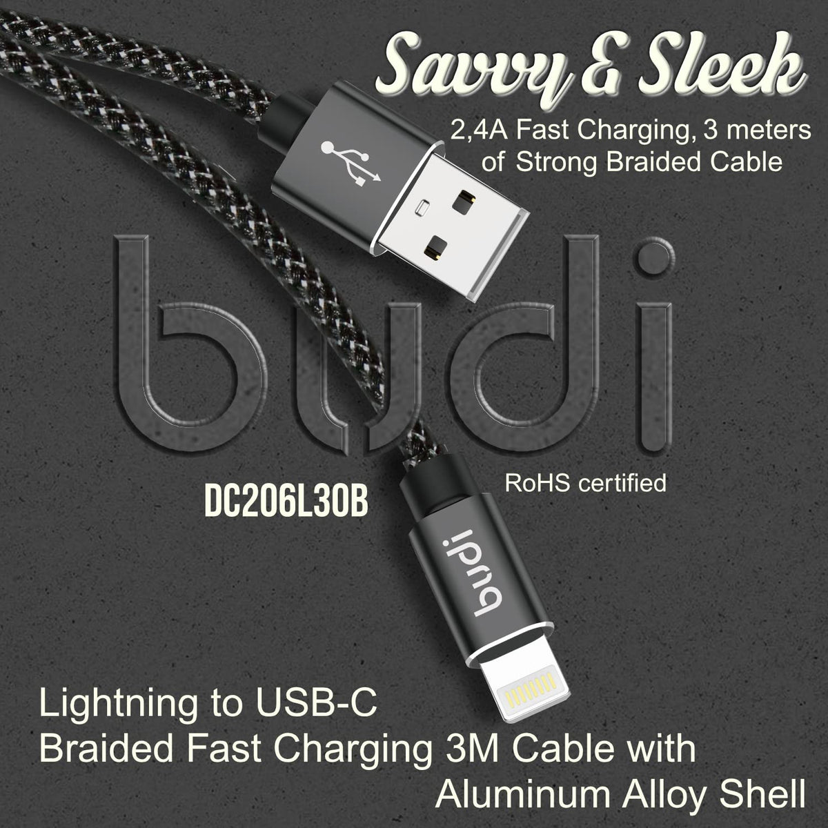 Budi USB-A To 8Pin Cable For iPhone 3M Black Cable Budi
