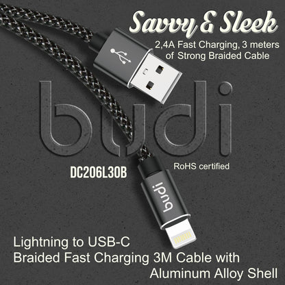 Budi USB-A To 8Pin Cable For iPhone 3M Black Cable Budi