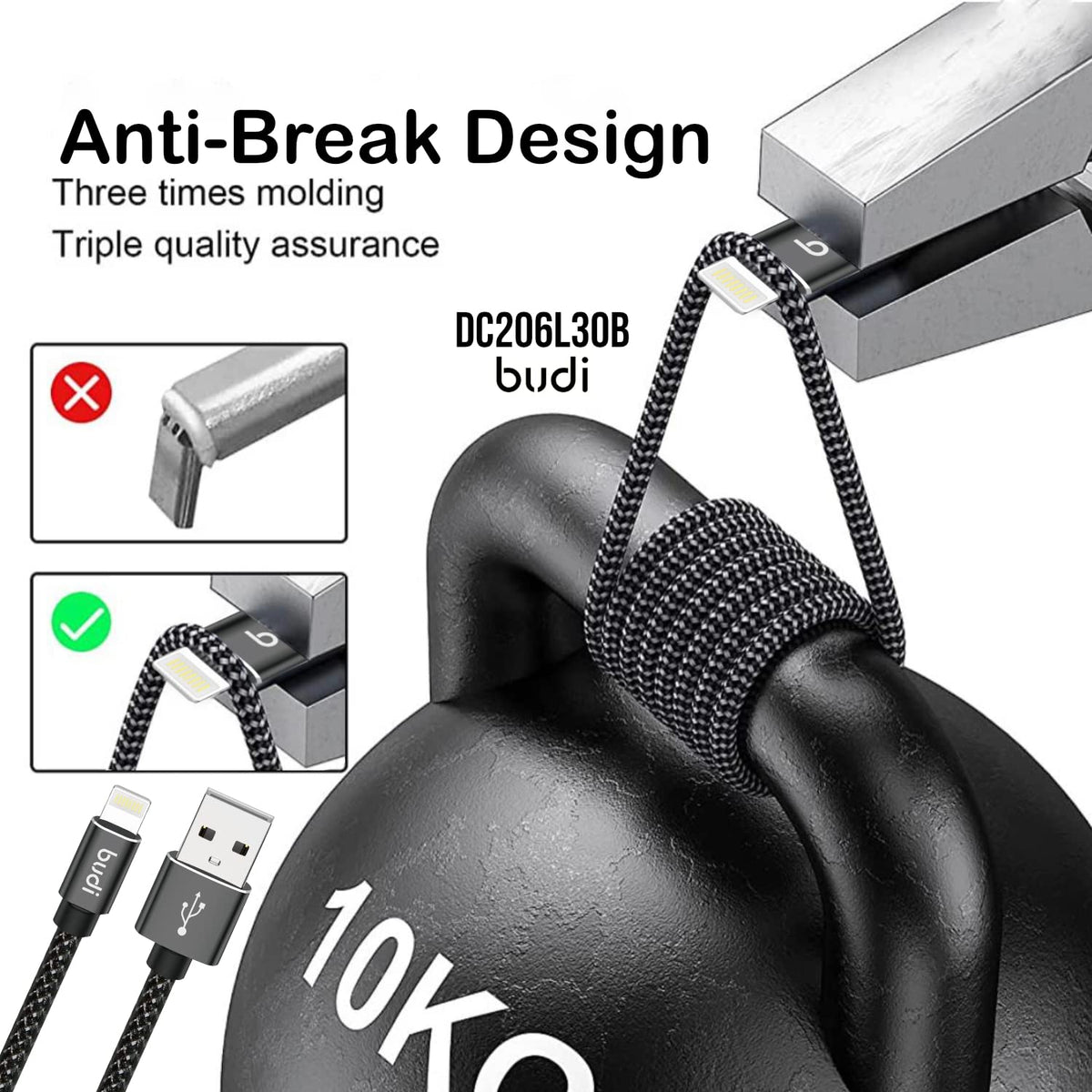 Budi USB-A To 8Pin Cable For iPhone 3M Black Cable Budi