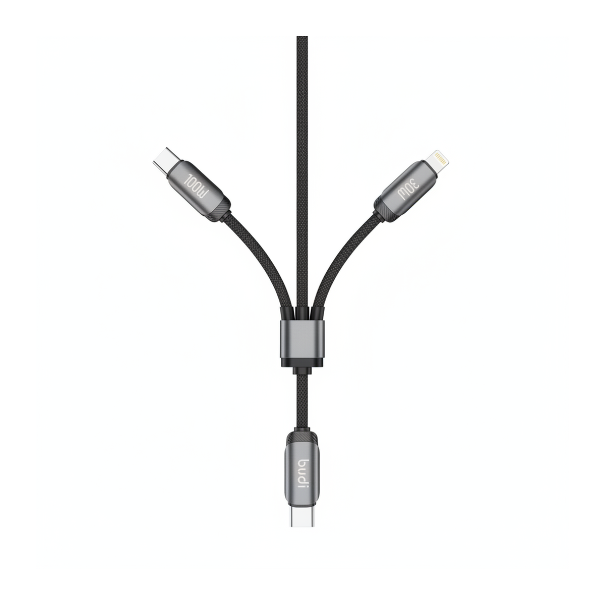 Budi 1.2M USB-C to USB-C and 8Pin Cable 2 in 1 100W PD Braided - front view