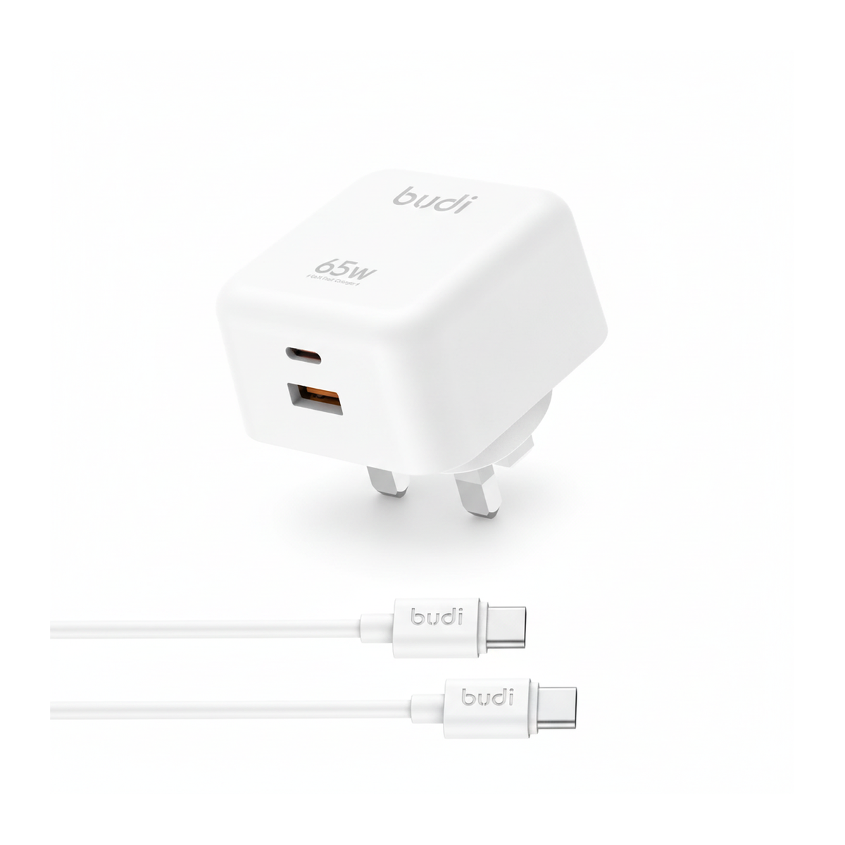 Budi 65W GaN Wall Charger USB-C PD and USB-A QC Dual Port UK Plug - angled left view