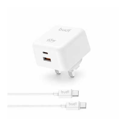 Budi 65W GaN Wall Charger USB-C PD and USB-A QC Dual Port UK Plug - angled left view