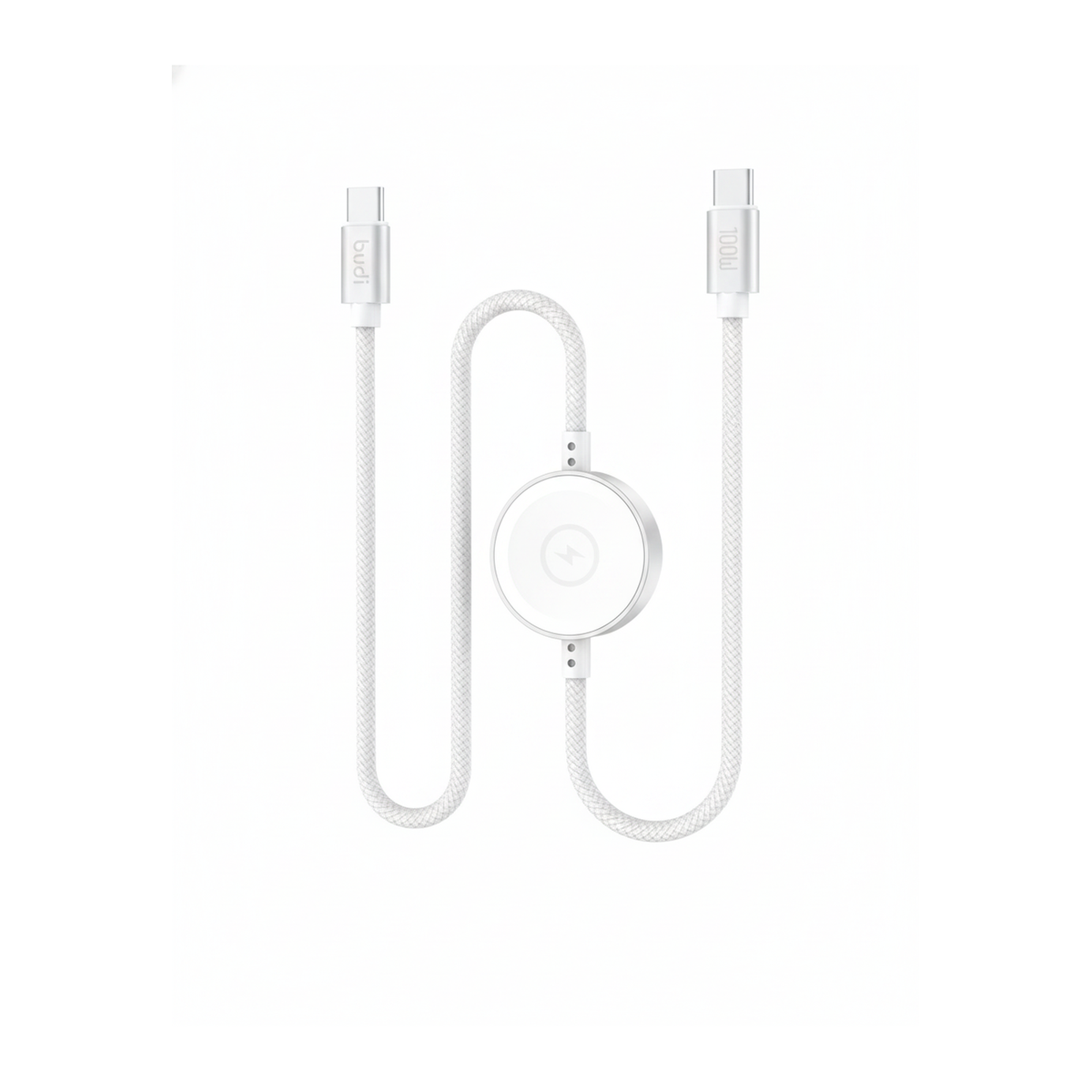 Budi 1.5M USB-C Cable 100W with Magnetic Smart Watch Charger White - angled right view