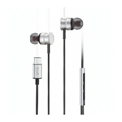 Budi EP78TB USB-C Metal Earphones True Sound with Mic 1.2M - angled right view