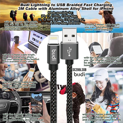 Budi USB-A To 8Pin Cable For iPhone 3M Black Cable Budi