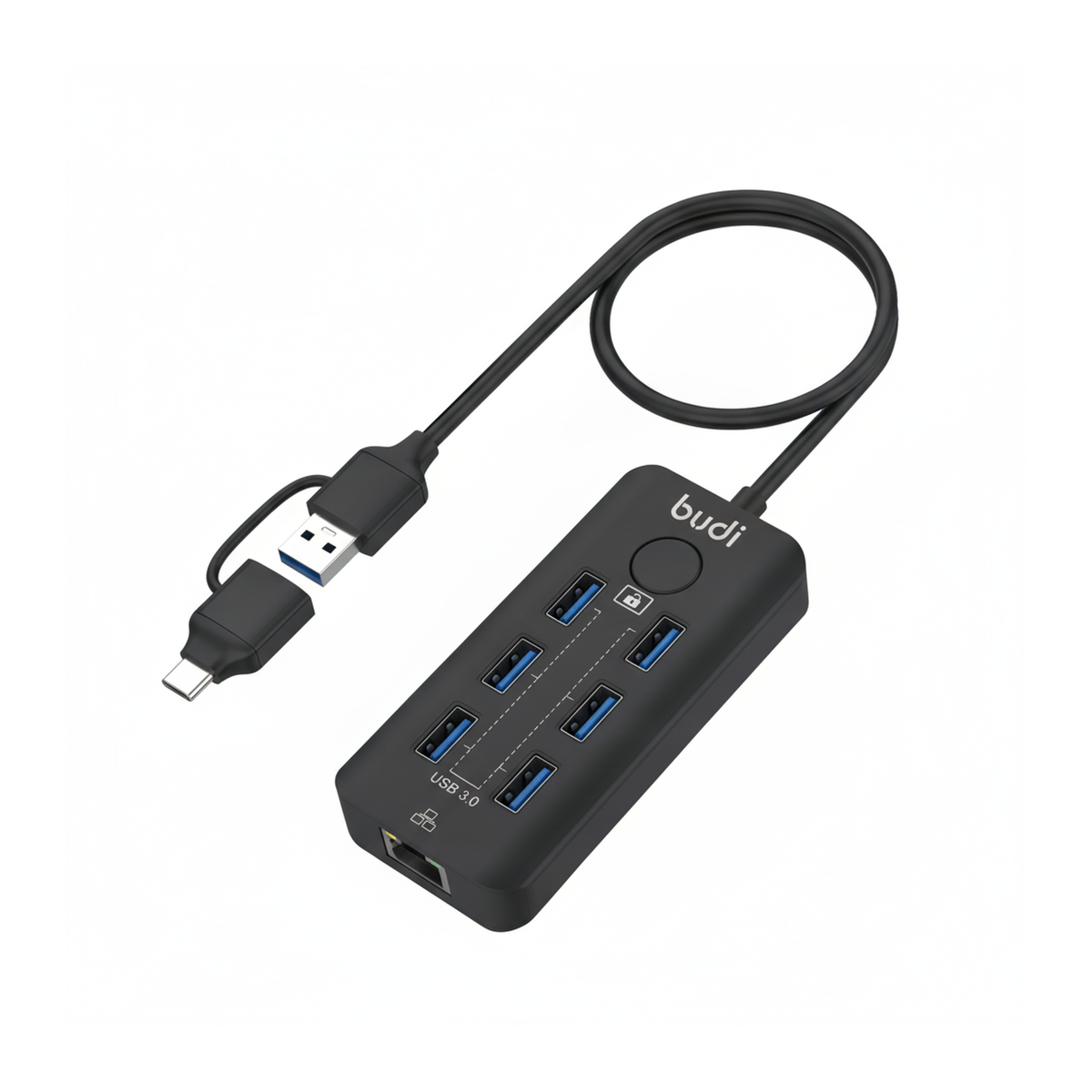 Budi 6-Port USB 3 Hub with Ethernet and Lock Button USB-C and USB-A - angled right view