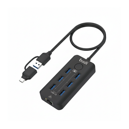 Budi 6-Port USB 3 Hub with Ethernet and Lock Button USB-C and USB-A - angled right view