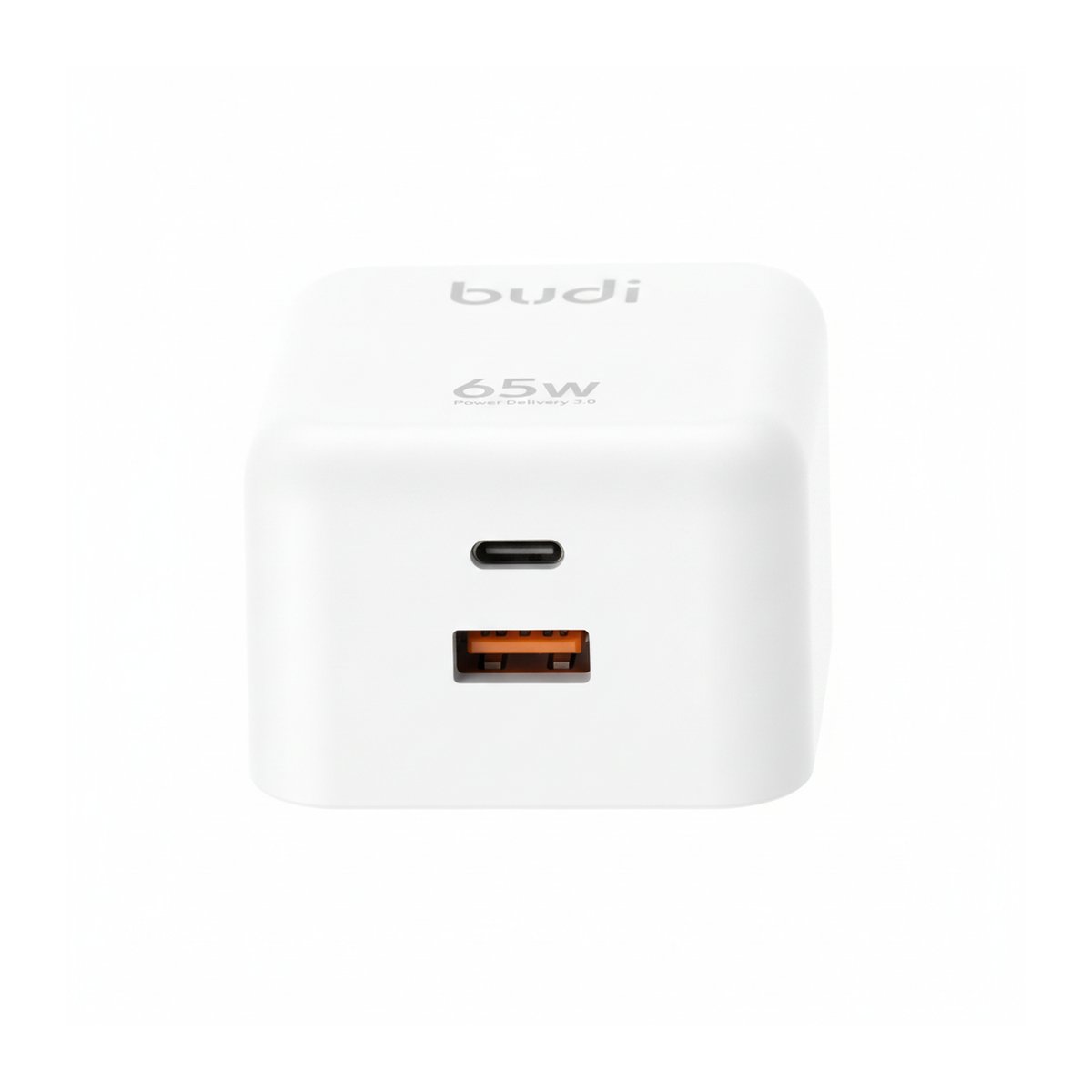 Budi 65W GaN Wall Charger USB-C PD and USB-A QC Dual Port UK Plug - close-up detail