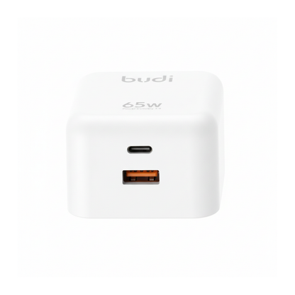Budi 65W GaN Wall Charger USB-C PD and USB-A QC Dual Port UK Plug - close-up detail