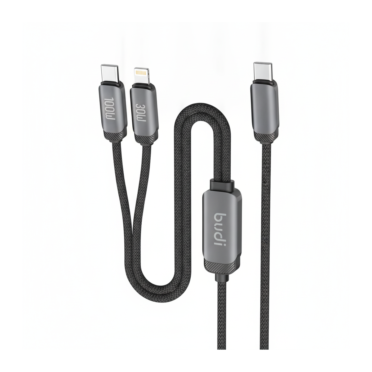 Budi 1.2M USB-C to USB-C and 8Pin Cable 2 in 1 100W PD Braided - close-up detail