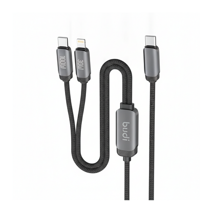 Budi 1.2M USB-C to USB-C and 8Pin Cable 2 in 1 100W PD Braided - close-up detail