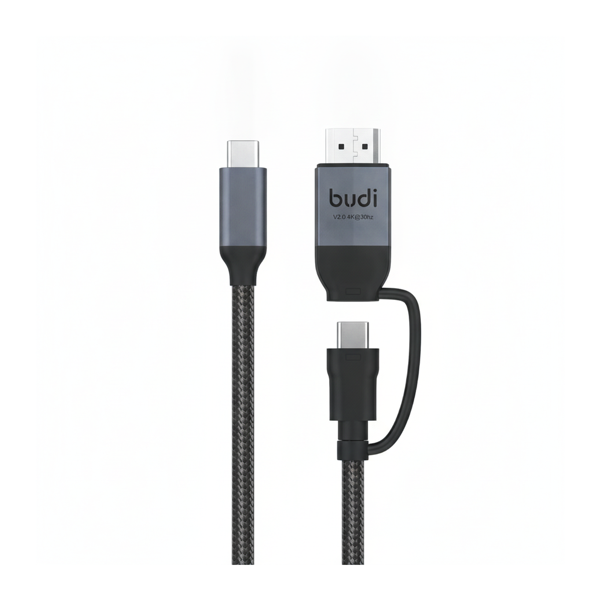 Budi USB-C to USB-C and 4K HDMI Cable 2M Braided 10Gbps 65W Charging - front view