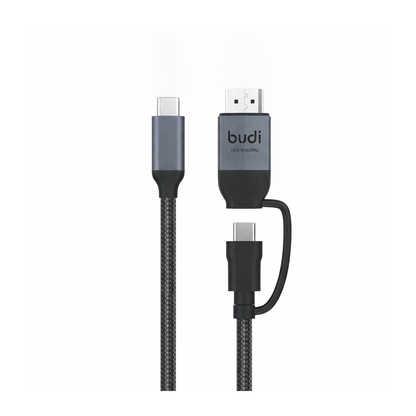 Budi USB-C to USB-C and 4K HDMI Cable 2M Braided 10Gbps 65W Charging - front view