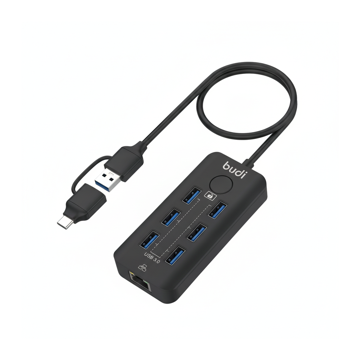 Budi 6-Port USB 3 Hub with Ethernet and Lock Button USB-C and USB-A - front view