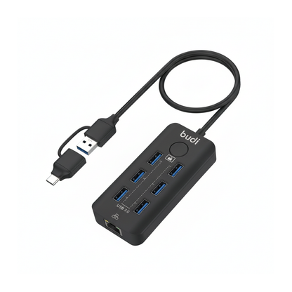Budi 6-Port USB 3 Hub with Ethernet and Lock Button USB-C and USB-A - front view