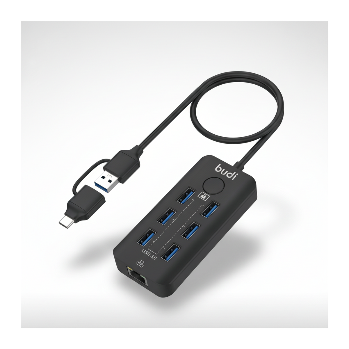 Budi 6-Port USB 3 Hub with Ethernet and Lock Button USB-C and USB-A - studio shot