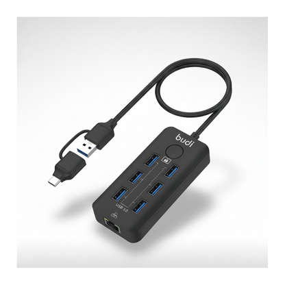 Budi 6-Port USB 3 Hub with Ethernet and Lock Button USB-C and USB-A - studio shot