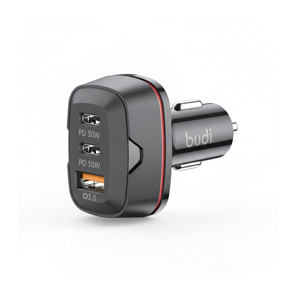 Budi 60W Car Charger 2 x USB-C PD and USB-A QC3.0 Triple Port - angled left view