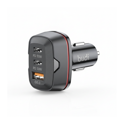 Budi 60W Car Charger 2 x USB-C PD and USB-A QC3.0 Triple Port - angled left view