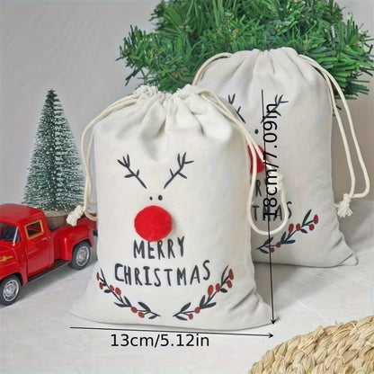 Christmas Reindeer Drawstring Gift Bags 3D Treat Canvas Party Pouches - Pack of 5 Christmas FoneFunShop
