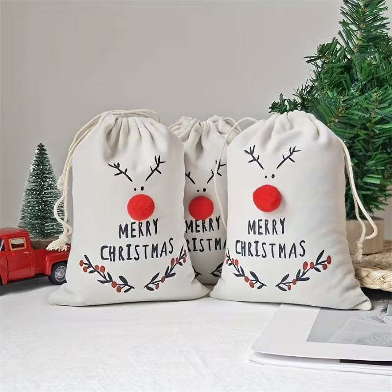 Christmas Reindeer Drawstring Gift Bags 3D Treat Canvas Party Pouches - Pack of 5 Christmas FoneFunShop