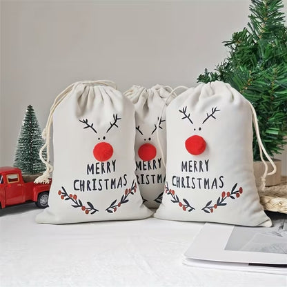 Christmas Reindeer Drawstring Gift Bags 3D Treat Canvas Party Pouches - Pack of 5 Christmas FoneFunShop