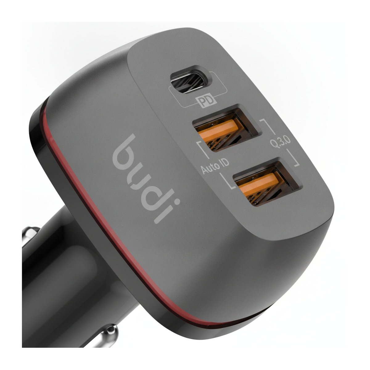 Budi Car Charger 3 Port 2 USB-A QC3.0 and USB-C PD 20W Zinc Alloy - close-up detail