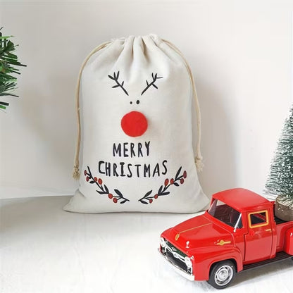 Christmas Reindeer Drawstring Gift Bags 3D Treat Canvas Party Pouches - Pack of 5 Christmas FoneFunShop