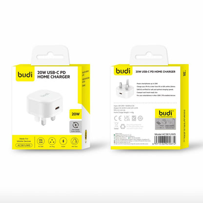 Budi Type C Compact Home Fast Charge UK Plug PD 20W Budi FoneFunShop