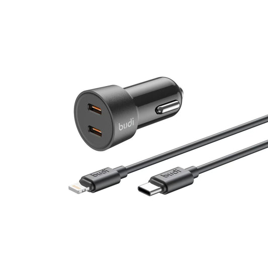 Budi Mini Car Charger PD 33W Fast Charger with 2 x USB-C Port and 1.2m 8Pin Cable car FoneFunShop