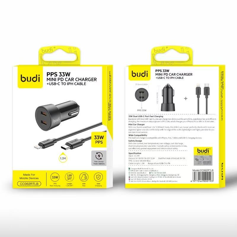 Budi Mini Car Charger PD 33W Fast Charger with 2 x USB-C Port and 1.2m 8Pin Cable car FoneFunShop