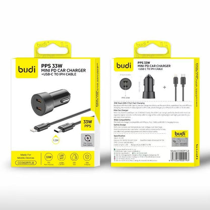 Budi Mini Car Charger PD 33W Fast Charger with 2 x USB-C Port and 1.2m 8Pin Cable car FoneFunShop