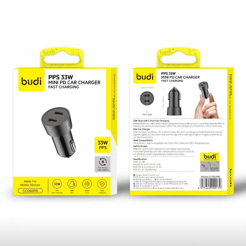 Budi Mini Car Charger PD 33W Fast Charger with 2 x USB-C Port car FoneFunShop