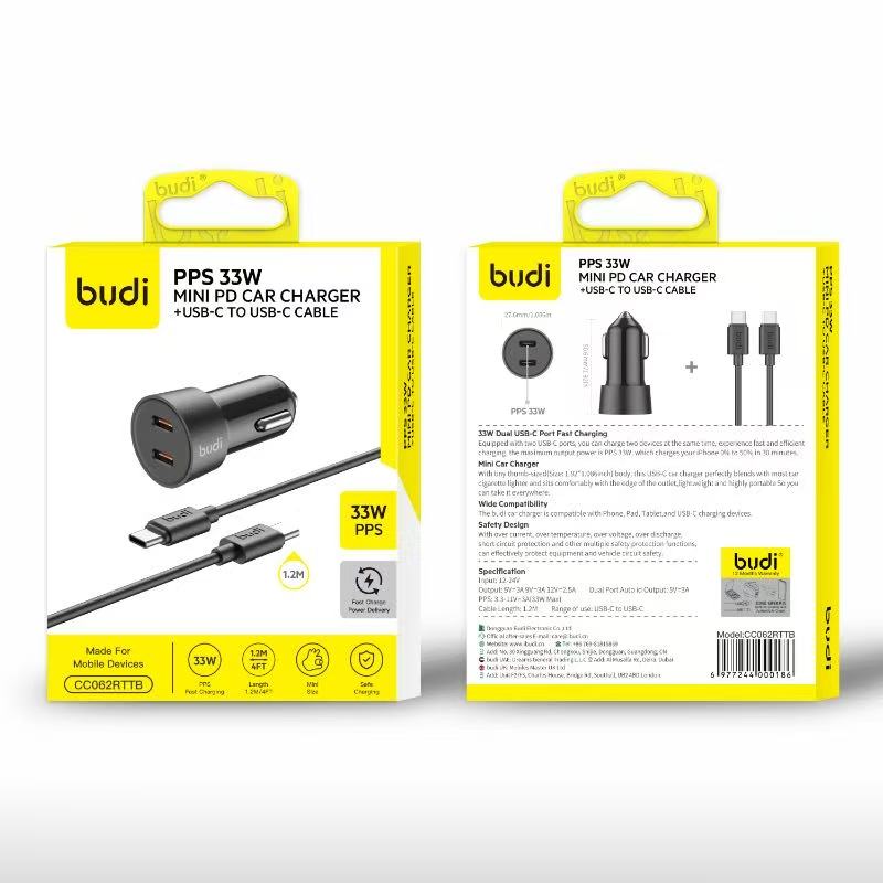 Budi Mini Car Charger PD 33W Fast Charger with 2 x USB-C Port and 1.2m USB-C Cable car FoneFunShop