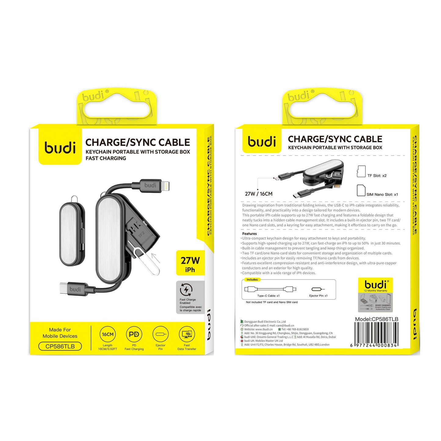 Budi Type-C to 8 Pin Charge / Sync Cable Portable Keychain 27W Cable FoneFunShop