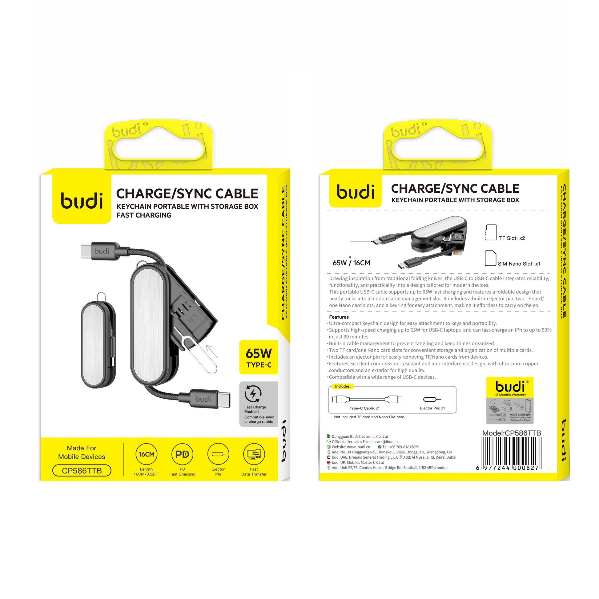 Budi Type-C to Type-C Charge / Sync Cable Portable Keychain 65W Cable FoneFunShop