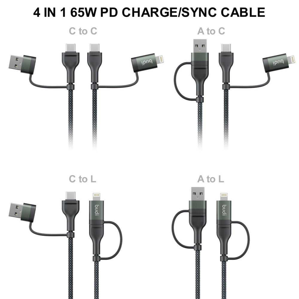 Budi 4in1 USB-C 8Pin USB-A PD65W/PD27W Aluminium Shell Fast Charging Cable Cable FoneFunShop