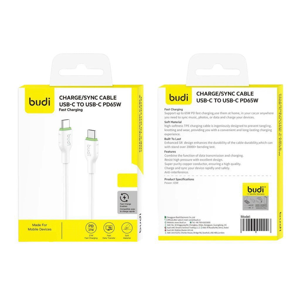 Budi 2.1M PD65W Cable White USB-C To USB-C Cable FoneFunShop