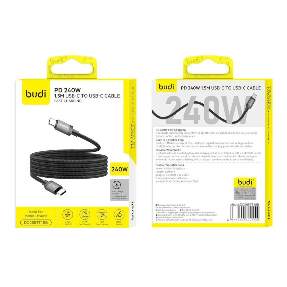 Budi 1.5M PD240W USB-C to USB-C Fast Charging Cable Cable FoneFunShop