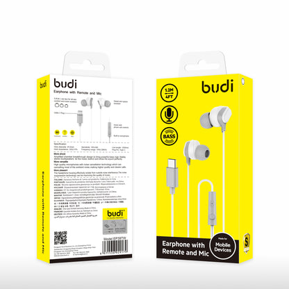 Budi EP39T USB-C Wired Earphones with Mic Sweatproof Ear Tips Earphones FoneFunShop