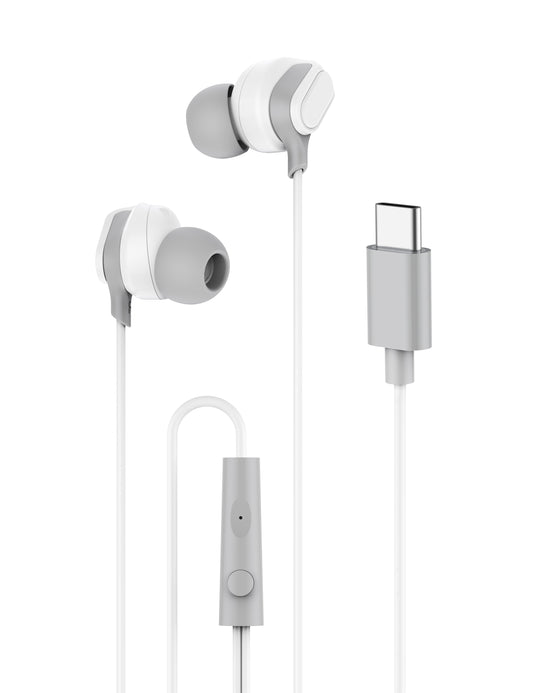 Budi EP39T USB-C Wired Earphones with Mic Sweatproof Ear Tips - White Earphones FoneFunShop