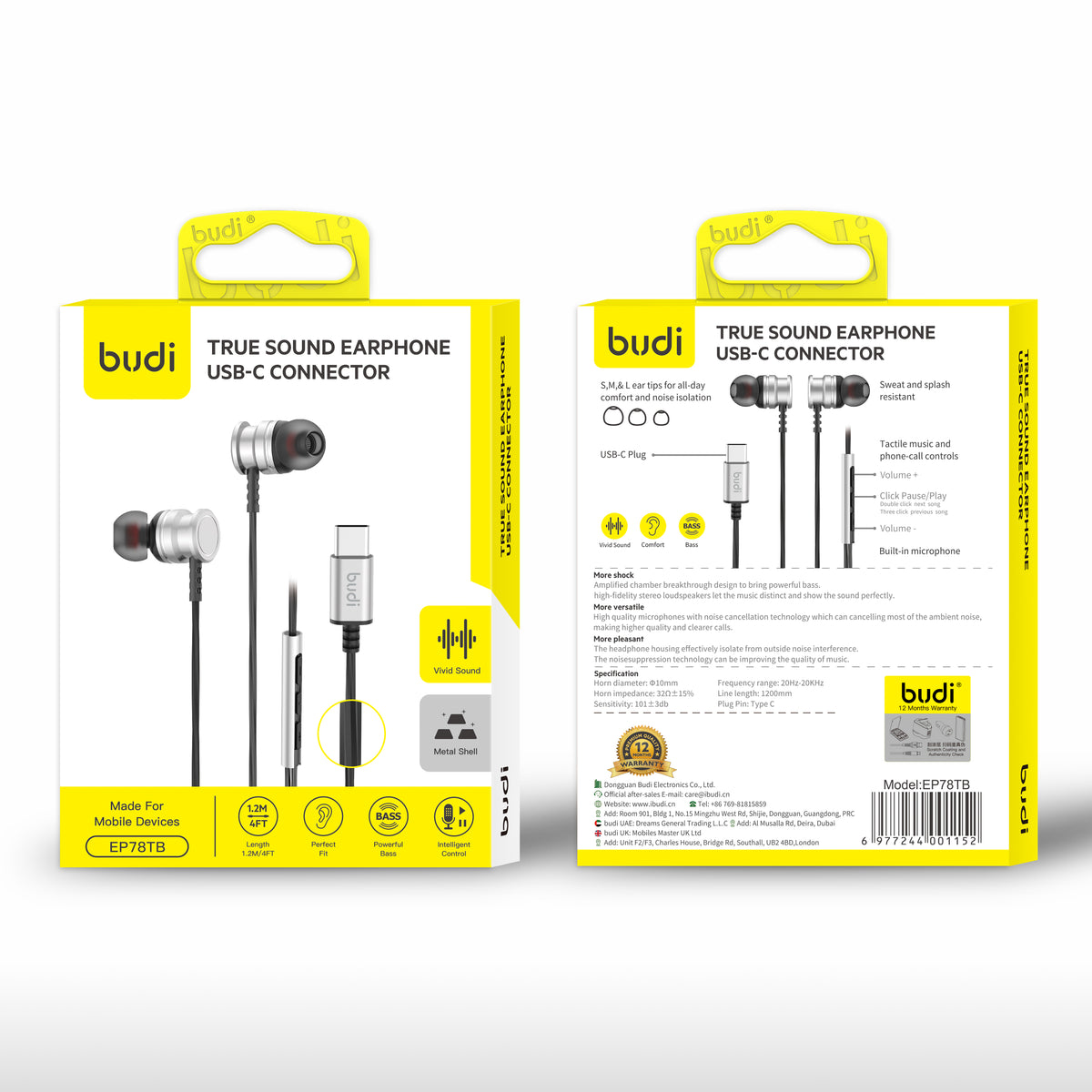 Budi EP78TB USB-C Metal Earphones True Sound with Mic 1.2M Earphones FoneFunShop