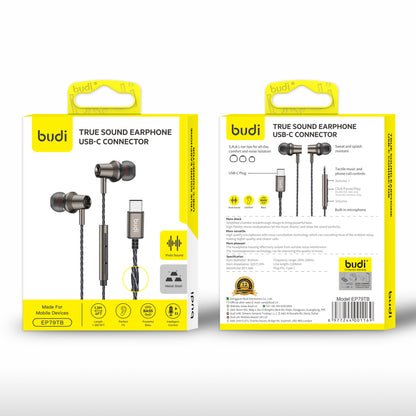Budi EP79TB USB-C Metal Earphones True Sound with Mic 1.2M Earphones FoneFunShop