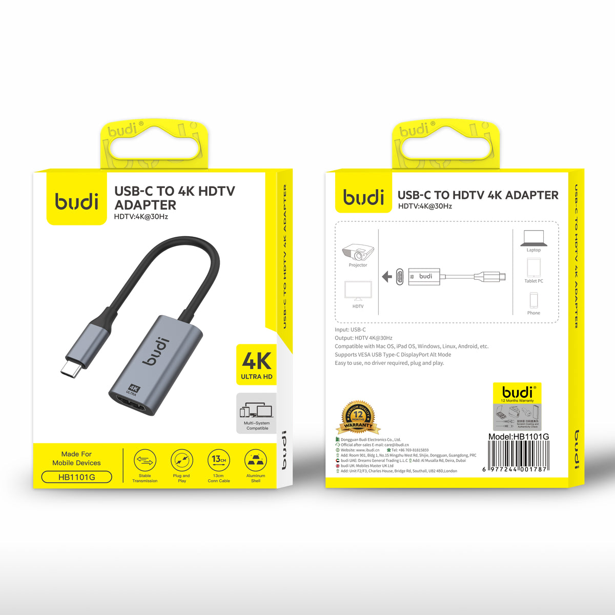 Budi USB-C to HDMI Adapter 4K 30Hz Aluminium Plug and Play Grey Adapter FoneFunShop