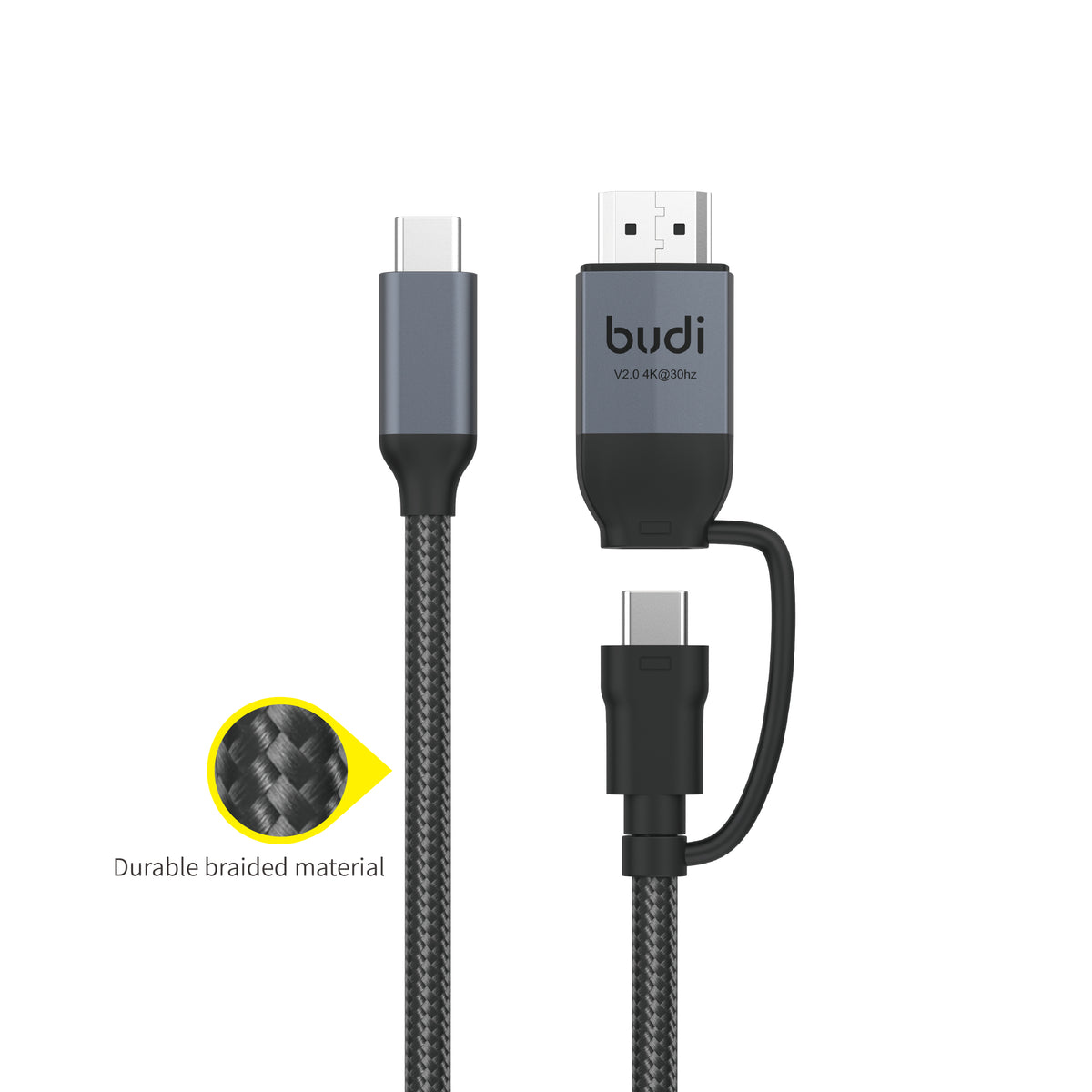 Budi USB-C to USB-C and 4K HDMI Cable 2M Braided 10Gbps 65W Charging Cable FoneFunShop