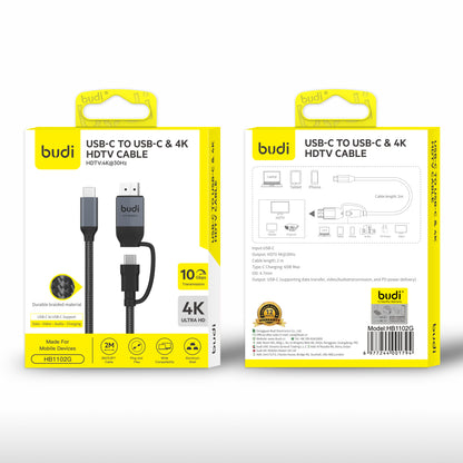 Budi USB-C to USB-C and 4K HDMI Cable 2M Braided 10Gbps 65W Charging Cable FoneFunShop