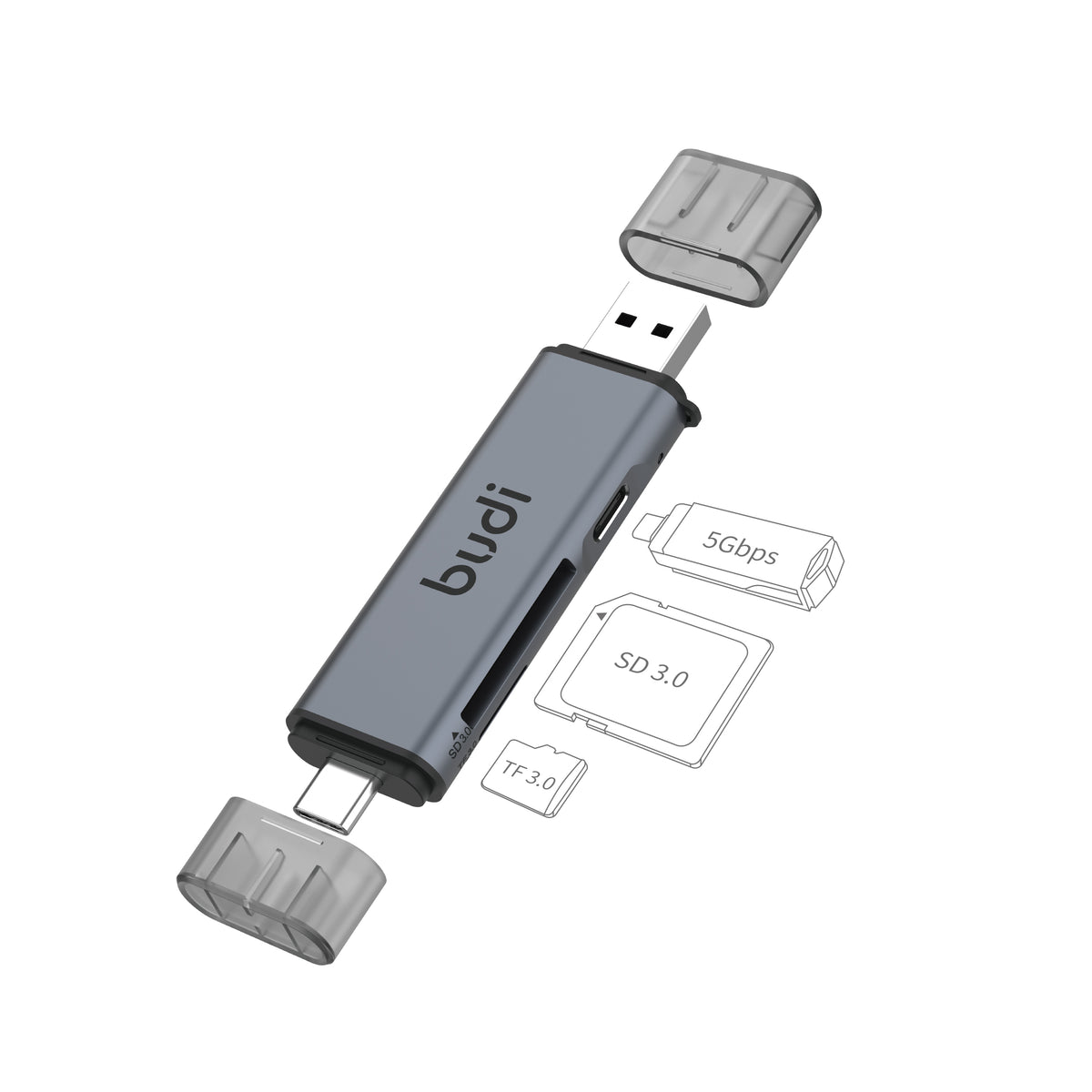 Budi USB-C and USB-A Card Reader with USB-C Hub SD TF 5Gbps Card Reader FoneFunShop